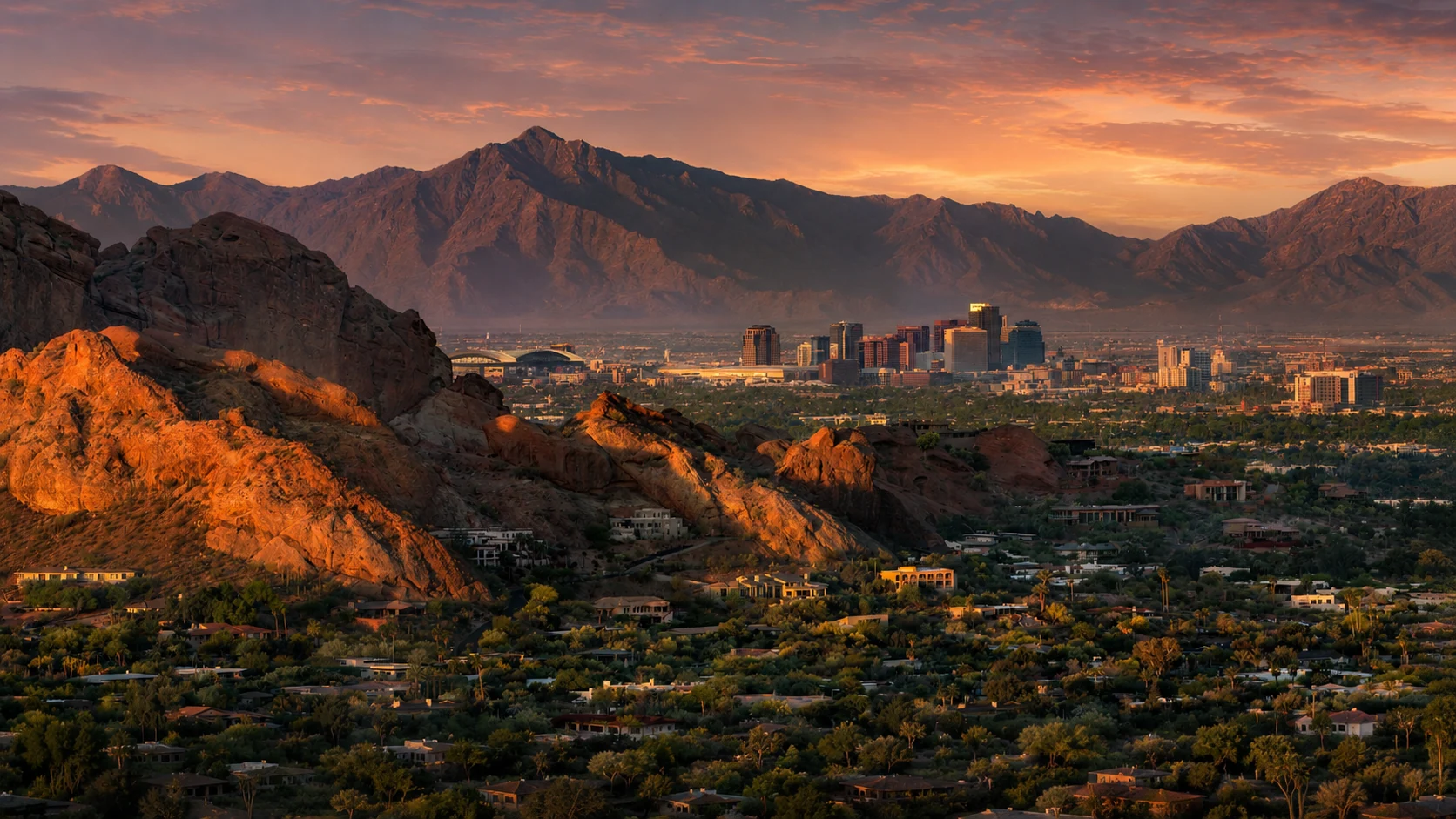 A stylized Phoenix metropolitan landscape with downtown buildings, desert terrain, and surrounding mountains
